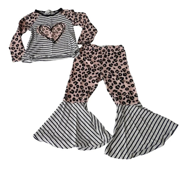 Marie Nicole 2 Pc Outfit Set Leopard Stripe Flare Leg Pants Long Slv Girl Size M - Picture 1 of 4